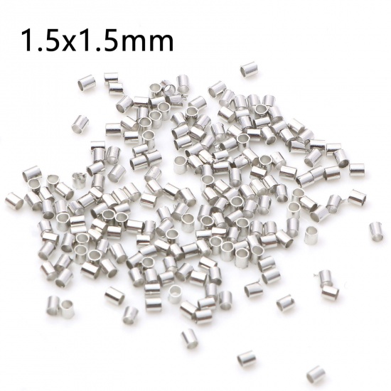 Picture of Brass Crimp Beads Cover Tube Silver Tone 1.5mm x 1.5mm, Hole: Approx 1mm, 500 PCs                                                                                                                                                                             