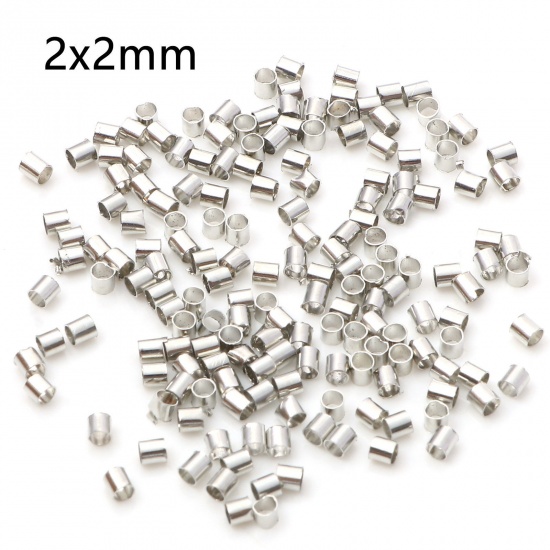 Picture of Brass Crimp Beads Cover Tube Silver Tone 2mm x 2mm, Hole: Approx 1.5mm, 500 PCs                                                                                                                                                                               