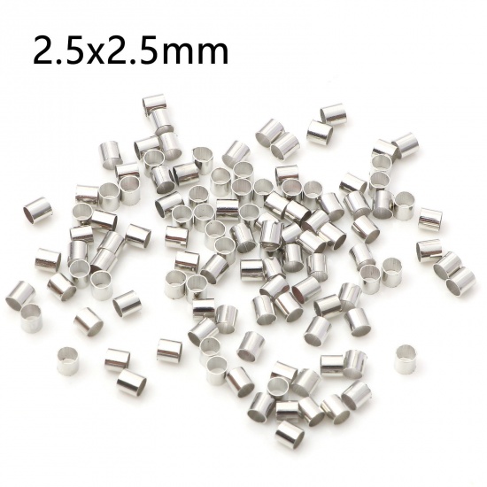Picture of Copper Crimp Beads Cover Tube Silver Tone 2.5mm x 2.5mm, Hole: Approx 2mm, 500 PCs