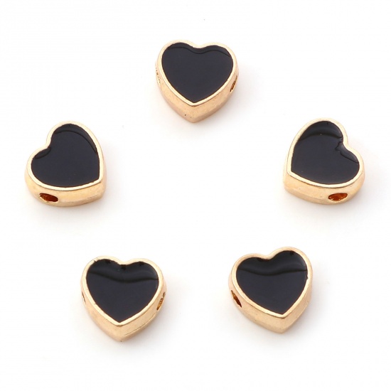 Immagine di Lega di Zinco San Valentino Perline Cuore Oro Placcato Nero Smalto Circa 8mm x 7.5mm, Foro:Circa 1.5mm, 10 Pz