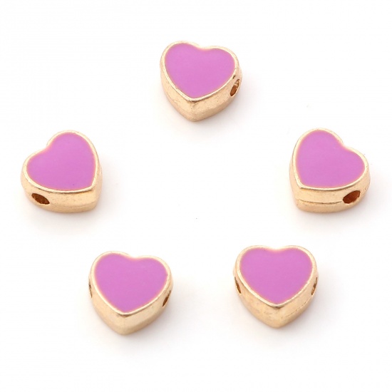 Immagine di Lega di Zinco San Valentino Perline Cuore Oro Placcato Colore Viola Smalto Circa 8mm x 7.5mm, Foro:Circa 1.5mm, 10 Pz