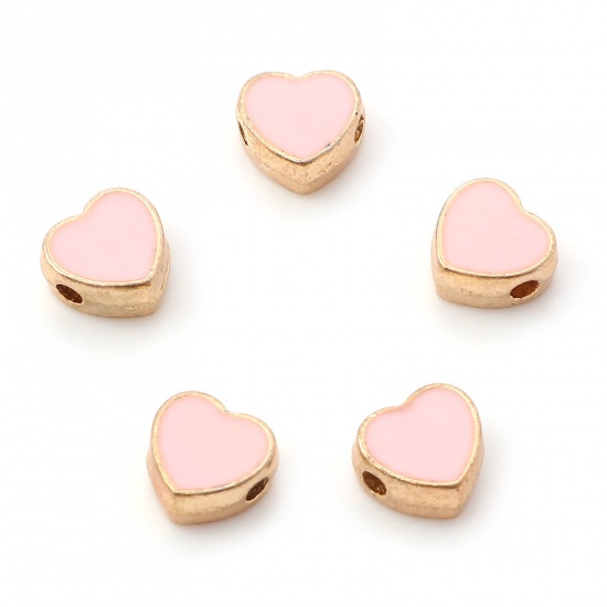 Immagine di Lega di Zinco San Valentino Perline Cuore Oro Placcato Rosa Smalto Circa 8mm x 7.5mm, Foro:Circa 1.5mm, 10 Pz