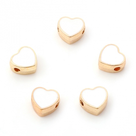 Picture of Zinc Based Alloy Valentine's Day Spacer Beads Heart Gold Plated White Enamel About 8mm x 7.5mm, Hole: Approx 1.5mm, 10 PCs