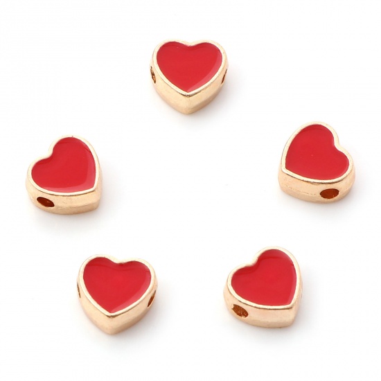 Picture of Zinc Based Alloy Valentine's Day Spacer Beads Heart Gold Plated Red Enamel About 8mm x 7.5mm, Hole: Approx 1.5mm, 10 PCs