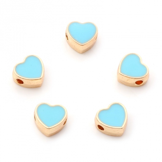 Picture of Zinc Based Alloy Valentine's Day Spacer Beads Heart Gold Plated Blue Enamel About 8mm x 7.5mm, Hole: Approx 1.5mm, 10 PCs