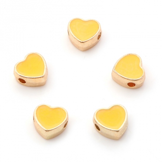 Immagine di Lega di Zinco San Valentino Perline Cuore Oro Placcato Giallo Smalto Circa 8mm x 7.5mm, Foro:Circa 1.5mm, 10 Pz