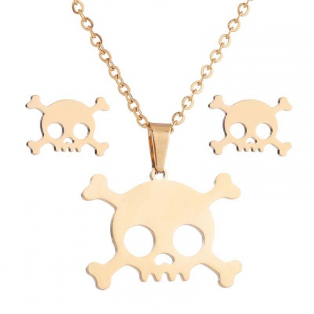 Immagine di Cranio Filigrana Gioielli di Orecchini e Collana Serie All'Ingrosso, Oro Placcato Acciaio Inossidabile Donne Halloween Elegante Regalo Gioielli Per Rivenditore, 45cm Lunghezza, 14mm x 10mm, 1 Serie
