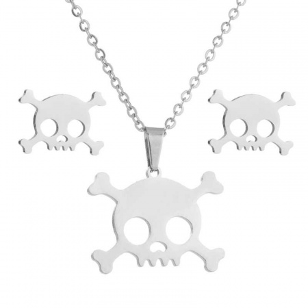 Immagine di Cranio Filigrana Gioielli di Orecchini e Collana Serie All'Ingrosso, Tono Argento Acciaio Inossidabile Donne Halloween Elegante Regalo Gioielli Per Rivenditore, 45cm Lunghezza, 14mm x 10mm, 1 Serie