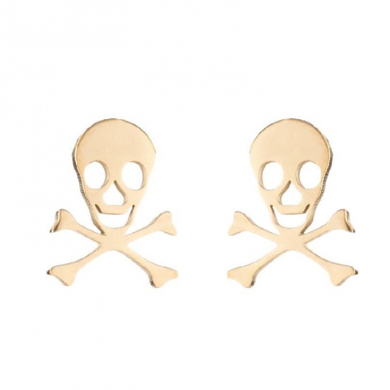 Image de Boucles d'Oreilles Puces en Acier Inoxydable Halloween Doré Tête de Mort Creux 11mm x 9mm , Epaisseur de Fil: (18 gauge), 1 Paire