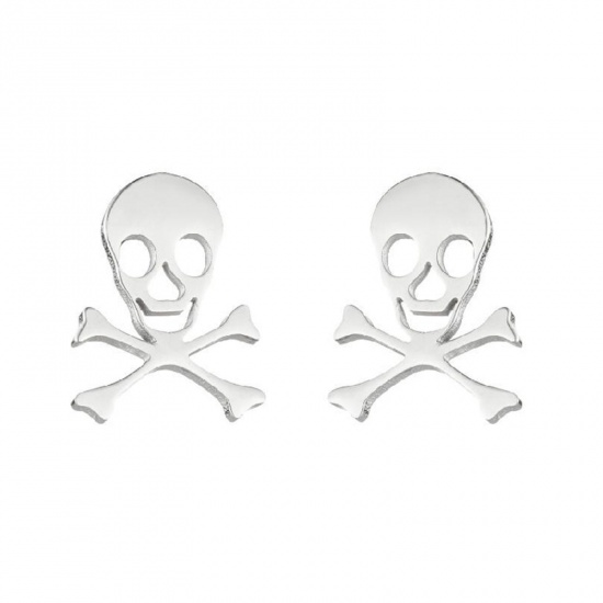 Image de Boucles d'Oreilles Puces en Acier Inoxydable Halloween Argent Mat Tête de Mort Creux 11mm x 9mm , Epaisseur de Fil: (18 gauge), 1 Paire