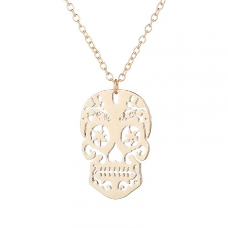 Imagen de Cráneo Filigrana Hueco Collar con Colgante Al Por Mayor, Chapado en Oro Acero Inoxidable Cadena de Cable Cruz, Mujeres Halloween Elegante Regalo Joyería Para Minorista, 45cm longitud, 1 Unidad