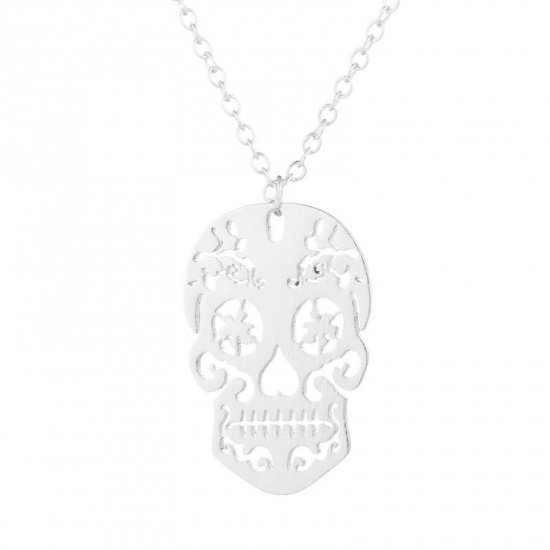 Picture of Stainless Steel Halloween Link Cable Chain Necklace Silver Tone Skull Filigree Hollow 45cm(17 6/8") long, 1 Piece