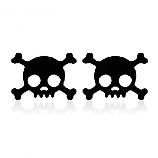 Picture of Stainless Steel Halloween Ear Post Stud Earrings Black Skull Hollow 14mm x 10mm, Post/ Wire Size: (18 gauge), 1 Pair