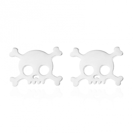 Picture of Stainless Steel Halloween Ear Post Stud Earrings Silver Tone Skull Hollow 14mm x 10mm, Post/ Wire Size: (18 gauge), 1 Pair