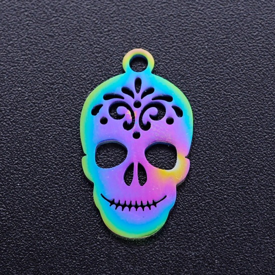 Picture of Stainless Steel Halloween Charms Multicolor Skull Carved Pattern Hollow 18mm x 10.5mm, 3 PCs