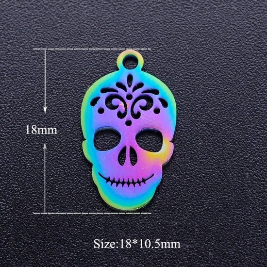 Picture of Stainless Steel Halloween Charms Multicolor Skull Carved Pattern Hollow 18mm x 10.5mm, 3 PCs