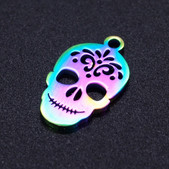 Picture of Stainless Steel Halloween Charms Multicolor Skull Carved Pattern Hollow 18mm x 10.5mm, 3 PCs