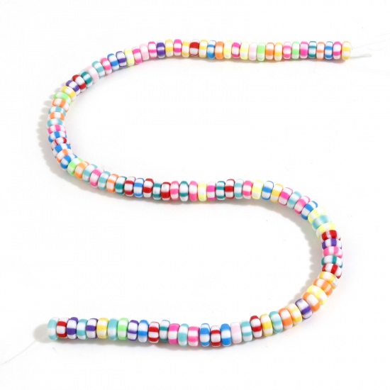 Picture of Polymer Clay Beads Flat Round Multicolor Stripe Pattern About 7mm Dia, Hole: Approx 1.4mm, 40cm(15 6/8") long, 2 Strands (Approx 112 PCs/Strand)