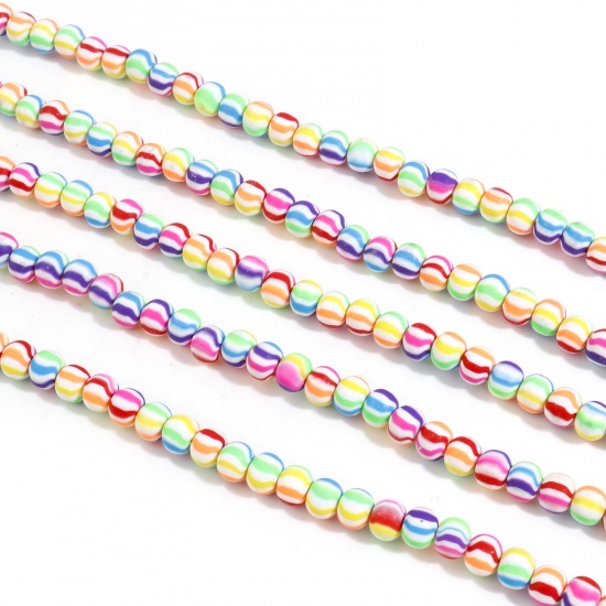Picture of Polymer Clay Beads Round Multicolor Stripe Pattern About 7mm Dia, Hole: Approx 1.8mm, 40cm(15 6/8") long, 2 Strands (Approx 68 PCs/Strand)