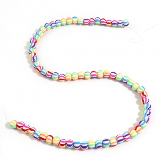 Picture of Polymer Clay Beads Round Multicolor Stripe Pattern About 7mm Dia, Hole: Approx 1.8mm, 40cm(15 6/8") long, 2 Strands (Approx 68 PCs/Strand)
