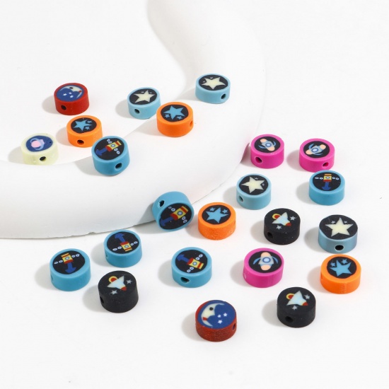 Picture of Polymer Clay Galaxy Beads Flat Round At Random Color About 10mm Dia, Hole: Approx 2mm, 100 PCs
