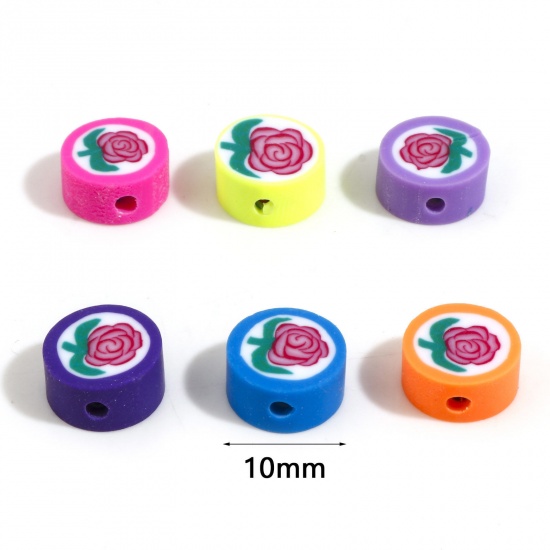 Picture of Polymer Clay Flora Collection Beads Flat Round At Random Color Rose Flower Pattern About 10mm Dia, Hole: Approx 1.8mm, 100 PCs
