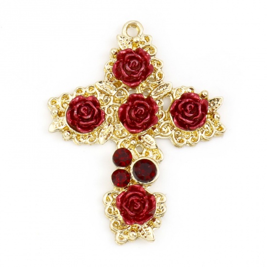 Immagine di Lega di Zinco San Valentino Ciondoli Croce Oro Placcato Rosa Rosso Strass Pittura 3.7cm x 2.9cm , 5 Pz