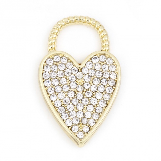 Picture of Zinc Based Alloy Valentine's Day Charms Gold Plated Heart Clear Rhinestone 23mm x 15mm, 5 PCs