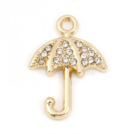Picture of Zinc Based Alloy Micro Pave Charms Gold Plated Umbrella Clear Rhinestone 20mm x 14mm, 5 PCs