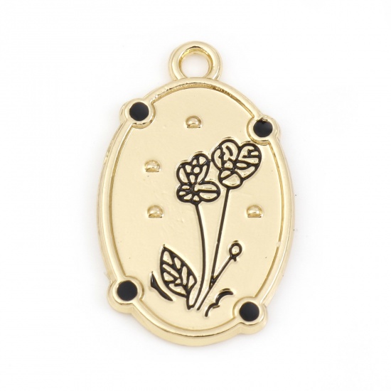 Picture of Zinc Based Alloy Charms Gold Plated Black Oval Flower Enamel 25mm x 15mm, 10 PCs