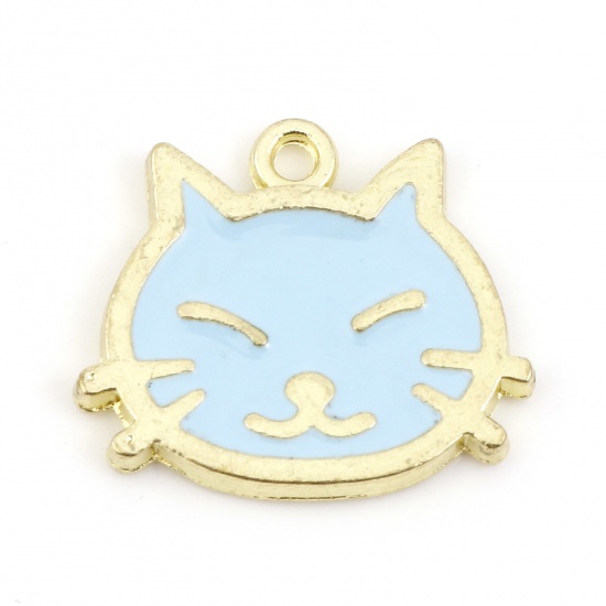 Bild von Zinklegierung Charms Katze Vergoldet Blau Emaille 17mm x 15mm, 20 Stück