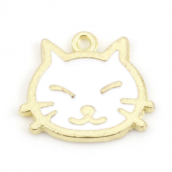 Bild von Zinklegierung Charms Katze Vergoldet Weiß Emaille 17mm x 15mm, 20 Stück