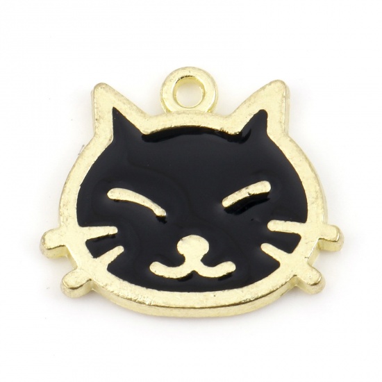 Bild von Zinklegierung Charms Katze Vergoldet Schwarz Emaille 17mm x 15mm, 20 Stück