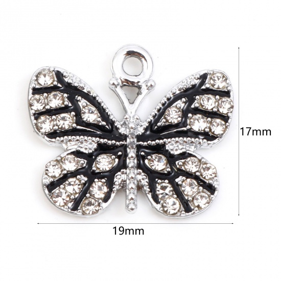 Picture of Zinc Based Alloy Micro Pave Charms Silver Tone Black Butterfly Animal Enamel Clear Rhinestone 19mm x 17mm, 10 PCs