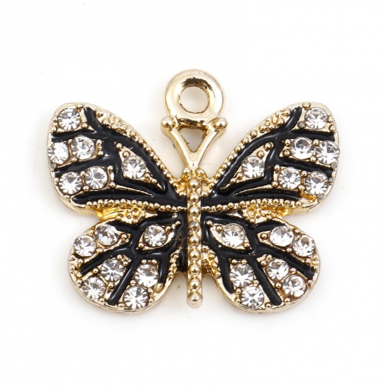 Picture of Zinc Based Alloy Micro Pave Charms Gold Plated Black Butterfly Animal Enamel Clear Rhinestone 19mm x 17mm, 10 PCs