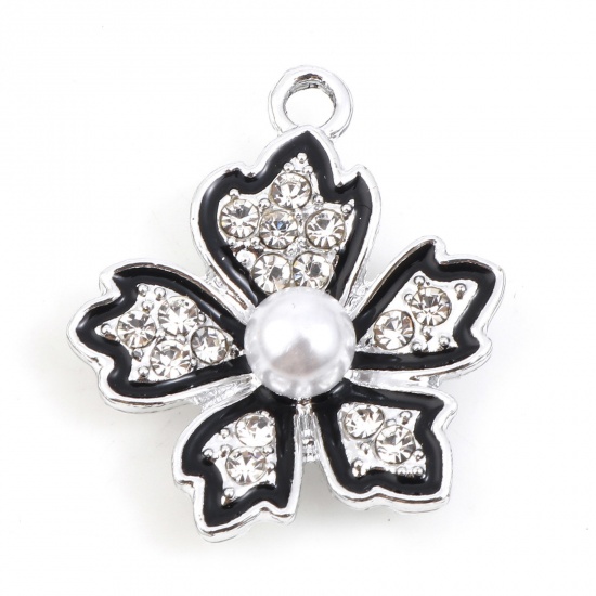 Picture of Zinc Based Alloy Micro Pave Charms Silver Tone Black Flower Acrylic Imitation Pearl Clear Rhinestone 22mm x 19mm, 10 PCs