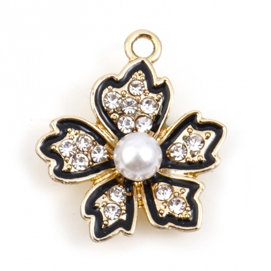 Picture of Zinc Based Alloy Micro Pave Charms Gold Plated Black Flower Acrylic Imitation Pearl Clear Rhinestone 22mm x 19mm, 10 PCs