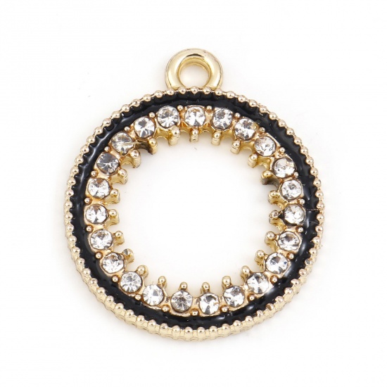 Picture of Zinc Based Alloy Micro Pave Charms Gold Plated Black Geometric Circle Ring Enamel Clear Rhinestone 22mm x 18mm, 10 PCs