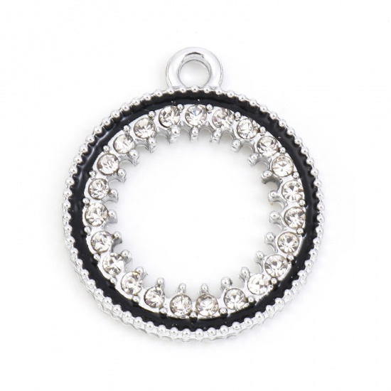 Picture of Zinc Based Alloy Micro Pave Charms Silver Tone Black Geometric Circle Ring Enamel Clear Rhinestone 22mm x 18mm, 10 PCs