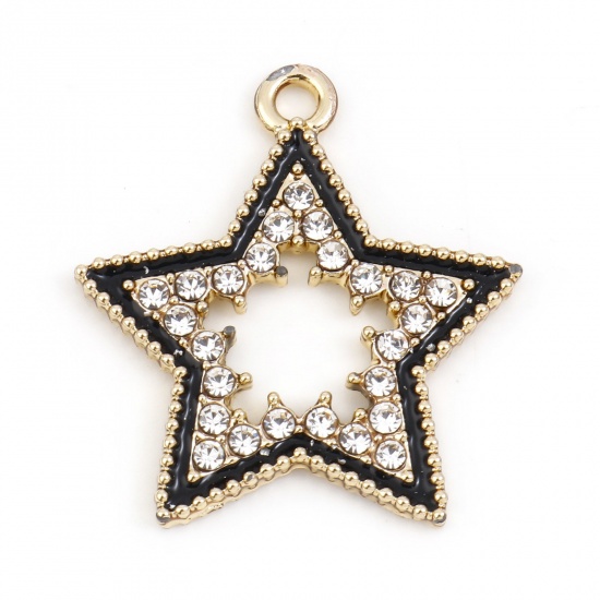 Picture of Zinc Based Alloy Micro Pave Charms Gold Plated Black Geometric Pentagram Star Enamel Clear Rhinestone 24mm x 22mm, 10 PCs