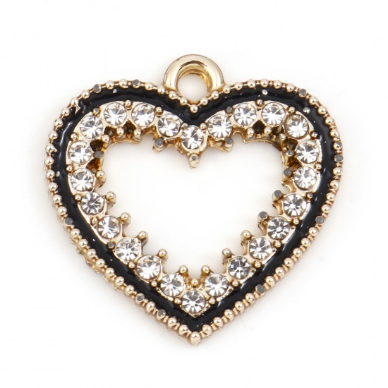 Picture of Zinc Based Alloy Micro Pave Charms Gold Plated Black Geometric Heart Enamel Clear Rhinestone 20mm x 20mm, 10 PCs