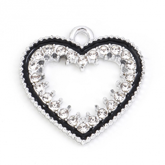 Picture of Zinc Based Alloy Micro Pave Charms Silver Tone Black Geometric Heart Enamel Clear Rhinestone 20mm x 20mm, 10 PCs