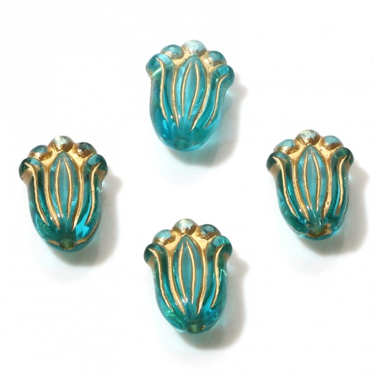 Picture of Acrylic Retro Beads Tulip Flower Green Blue About 12mm x 8mm, Hole: Approx 1.2mm, 10 PCs