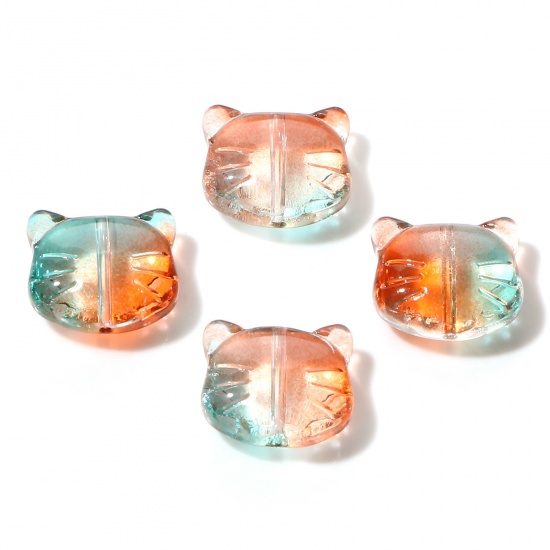 Picture of Lampwork Glass 3D Beads Cat Animal Green & Orange About 14mm x 12mm, Hole: Approx 1mm, 50 PCs