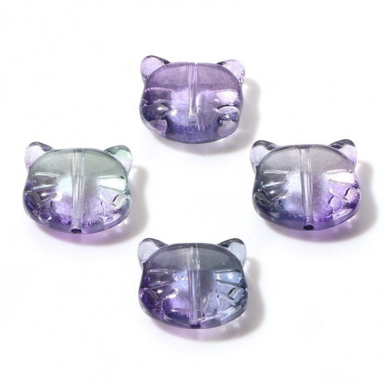 Picture of Lampwork Glass 3D Beads Cat Animal Purple & Green About 14mm x 12mm, Hole: Approx 1mm, 50 PCs