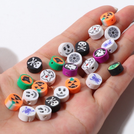 Picture of Polymer Clay Halloween Beads Flat Round At Random Color About 10mm Dia. - 9mm Dia., Hole: Approx 1.4mm, 50 PCs