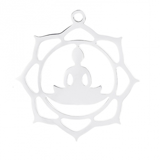 Imagen de Acero Inoxidable Religión Colgantes Charms Buda Tono de Plata Flor de Loto Hueco 26mm x 25mm, 2 Unidades