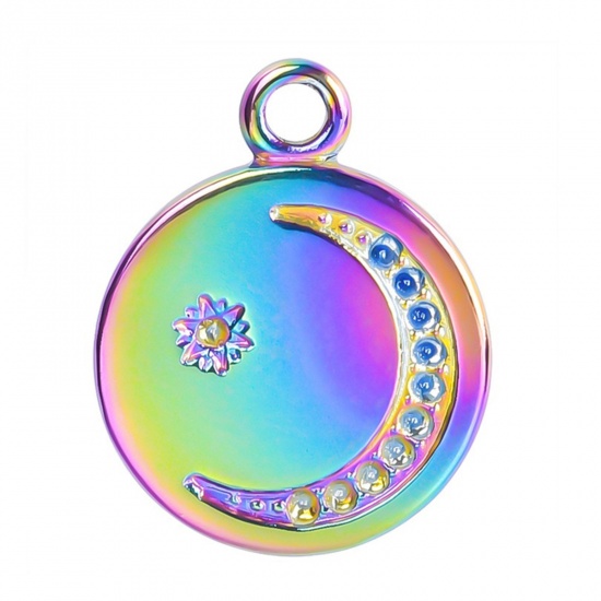 Imagen de 2 Unidades Recubrimiento al Vacío PVD Ecológico Acero Inoxidable Galaxia Colgantes Ronda Multicolor 1mm Pointed Back Rhinestone) Luna 20mm x 16mm