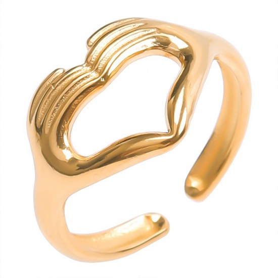 Immagine di 1 Pz Placcatura Sottovuoto Acciaio Inossidabile Stile Ins Aperto Regolabile Anello Oro Placcato Cuore Mano gesto 18.1mm (taglia di US: 8)