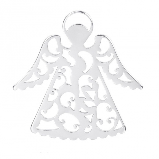 Picture of Stainless Steel Religious Pendants Silver Tone Angel Filigree 3cm x 3cm, 2 PCs